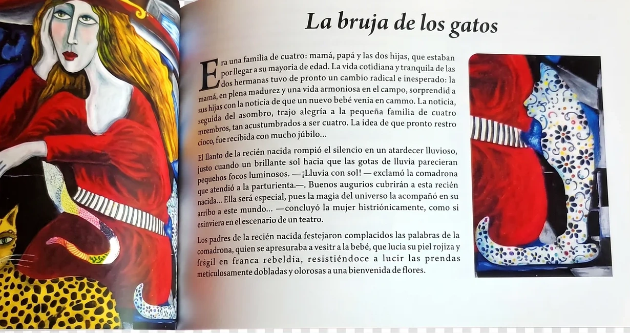 Interiores de Las brujas de Elba con texto y pintura al óleo de La bruja de los gatos